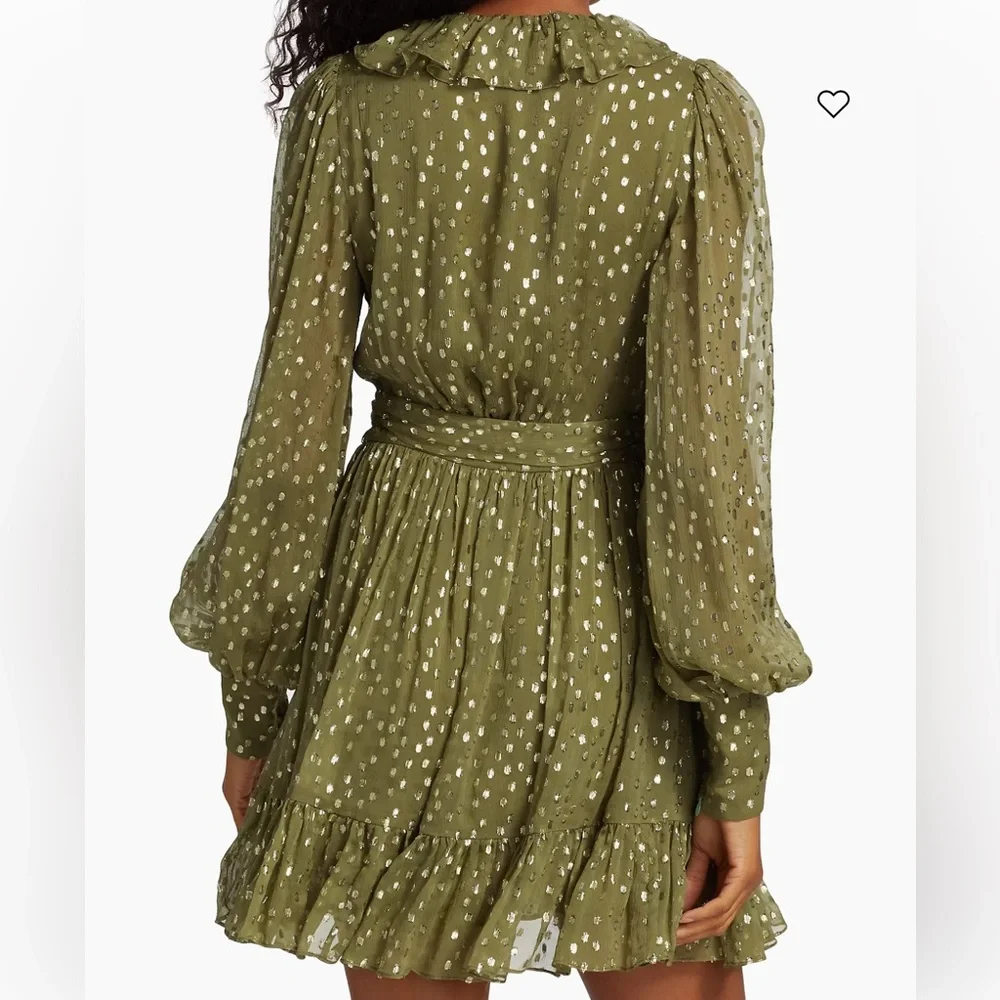 ZIMMERMANN $650 Ruffled Metallic Silk Wrap Mini Dress Size M Green Khaki Summer - Picture 2 of 6